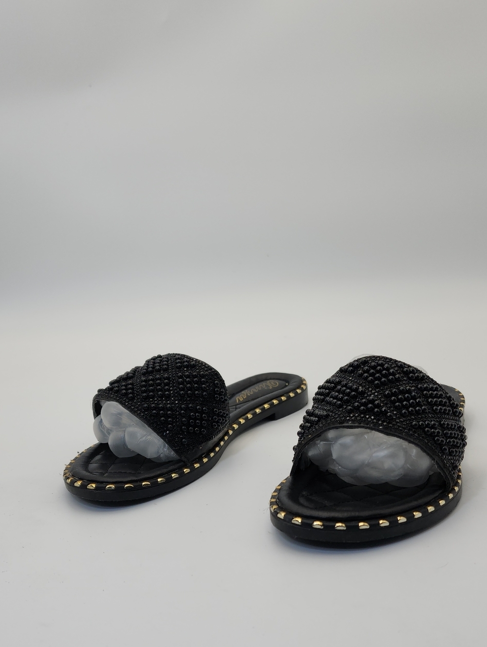 Black Faux Pearl Decor Flat Slide Sandals Size 37